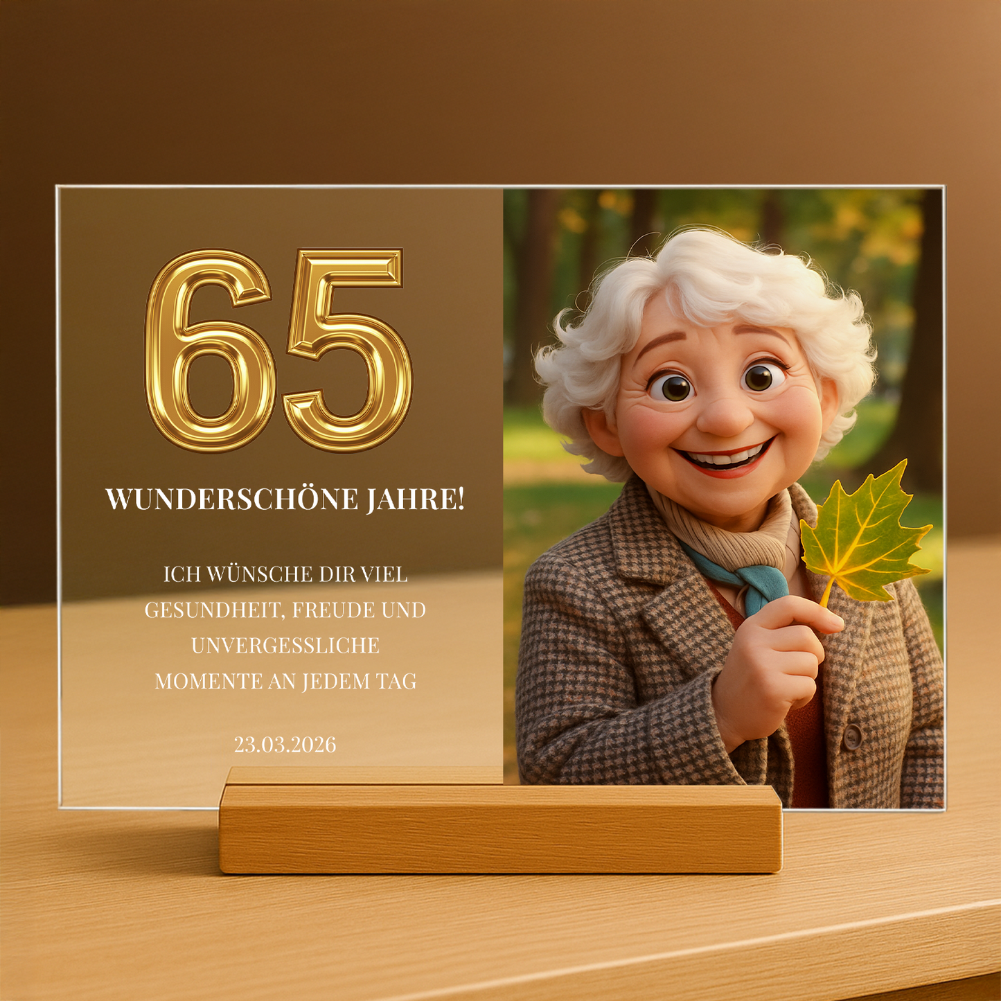 Märchenporträt zu ihrem 65. Geburtstag – personalisierter Glasdruck für sie