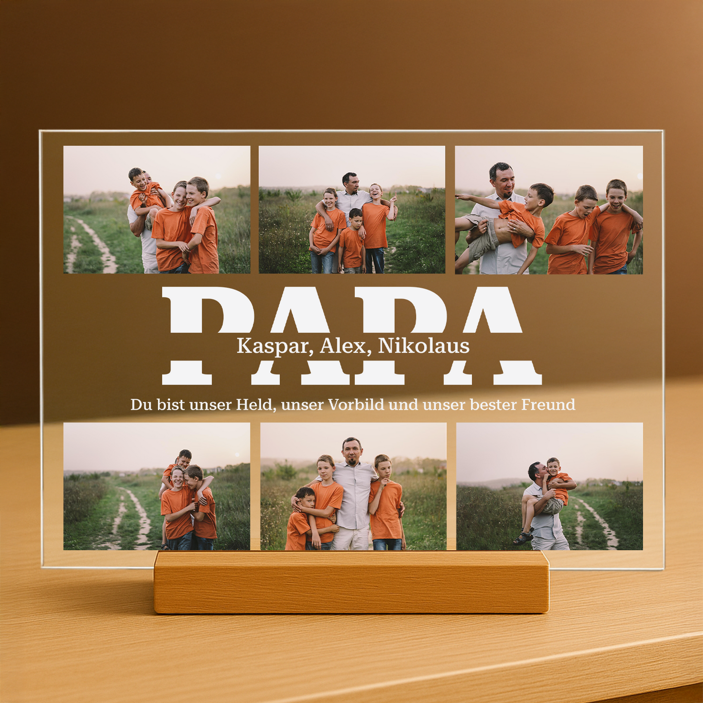 Schriftzug PAPA mit Fotocollage – personalisierter Glasdruck