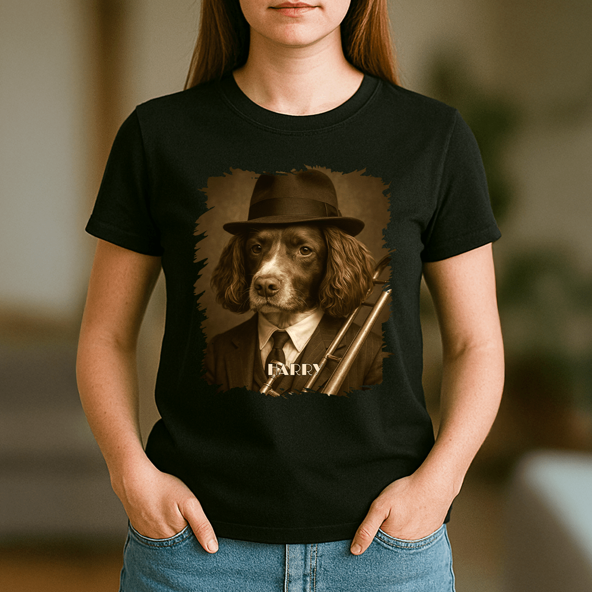 Hund als Jazzmusiker – Damen-T-Shirt mit Aufdruck für Hundefans - Emmygift.de