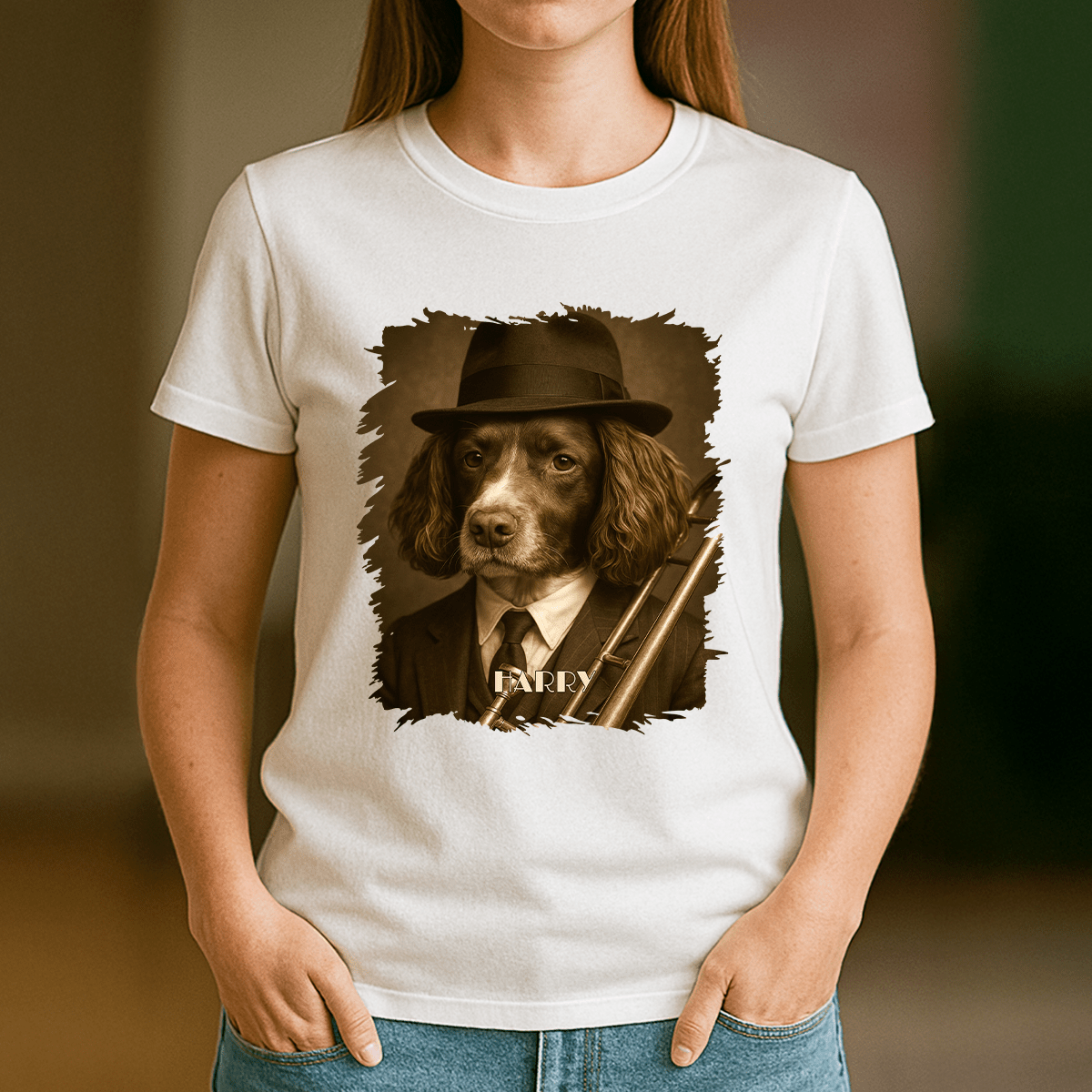Hund als Jazzmusiker – Damen-T-Shirt mit Aufdruck für Hundefans - Emmygift.de