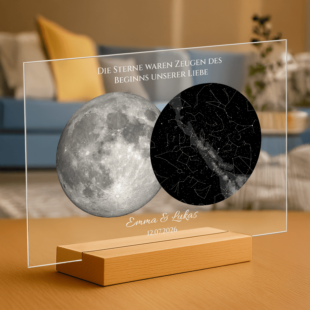 Mond und Sterne von eurem besonderen Tag – personalisierter Druck auf Acrylglas für Paare - Emmygift.de