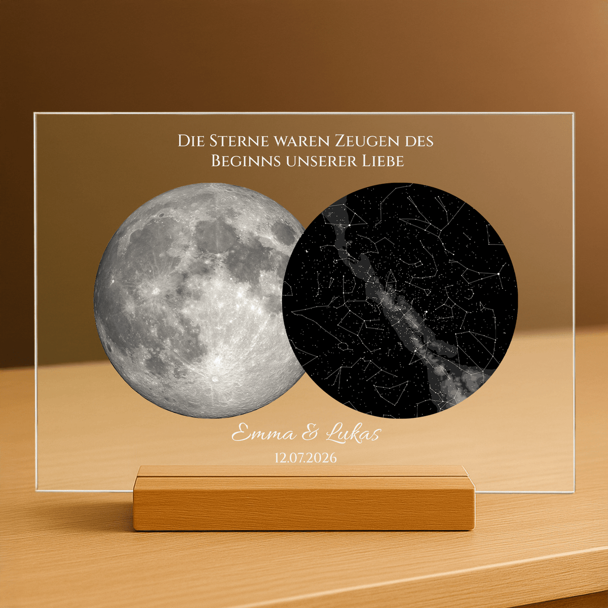 Mond und Sterne von eurem besonderen Tag – personalisierter Druck auf Acrylglas für Paare - Emmygift.de