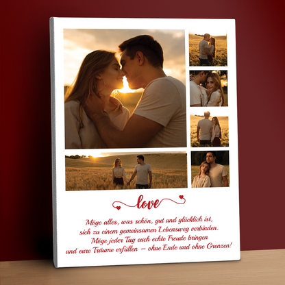 Collage aus 6 Fotos des Paares + Text – personalisierter Leinwanddruck für Paare