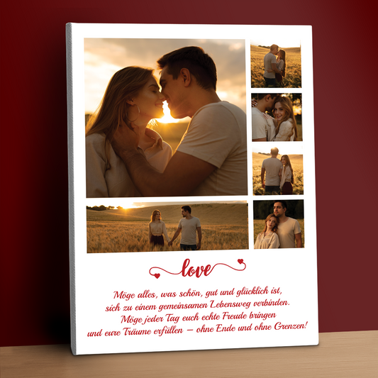 Collage aus 6 Fotos des Paares + Text – personalisierter Leinwanddruck für Paare