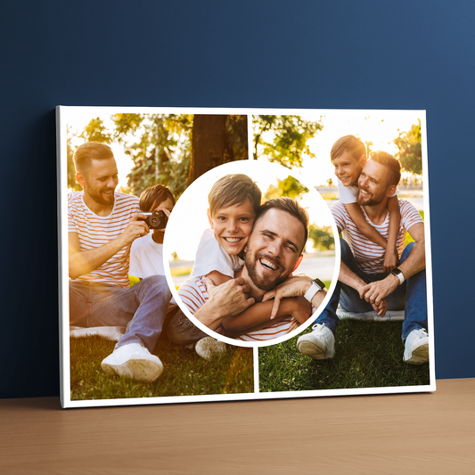 Collage aus drei Fotos mit Papa – personalisierter Leinwanddruck als Geschenk