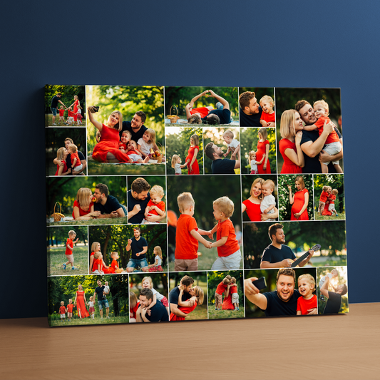 24 Familienfotos – eine Collage auf Leinwand für die Eltern