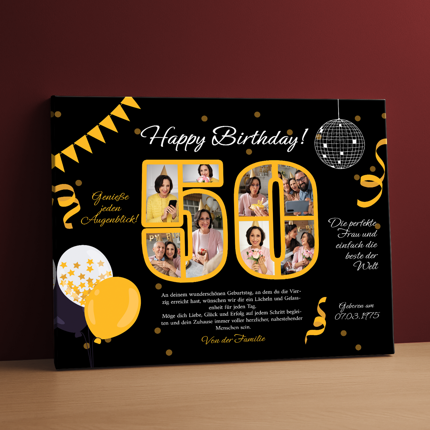 Geburtstagsgrüße zum 50. Geburtstag + Fotos – Collage auf Leinwand für eine Frau