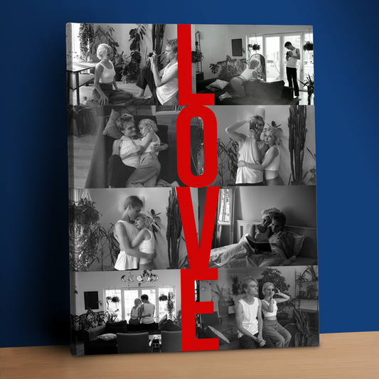 LOVE-Schriftzug + 8 Fotos – Leinwand Collage für Paare