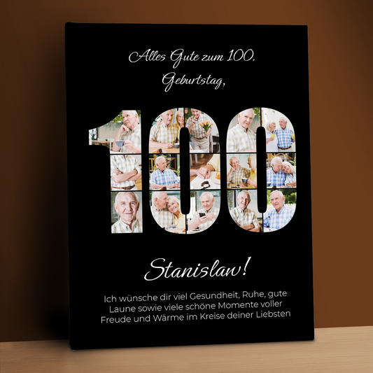 Glückwünsche zum 100. Geburtstag – eine Collage auf Leinwand für ihn