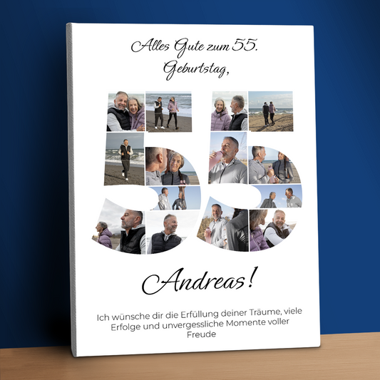 Glückwünsche zum 55. Geburtstag – Collage auf Leinwand für einen Mann