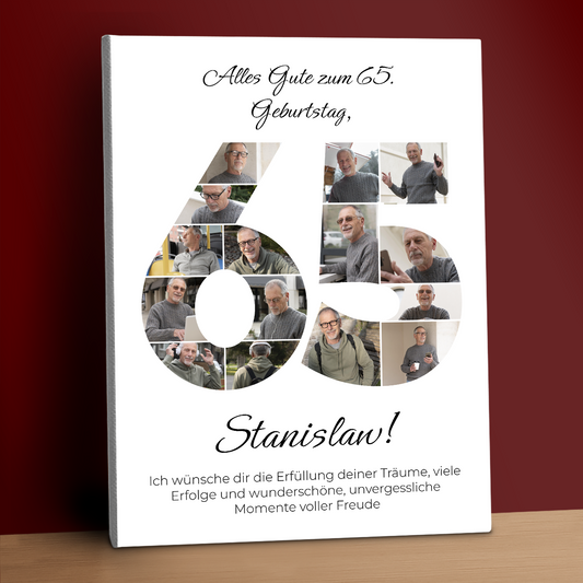 Glückwünsche zu seinem 65. Geburtstag – Collage auf Leinwand für einen Mann