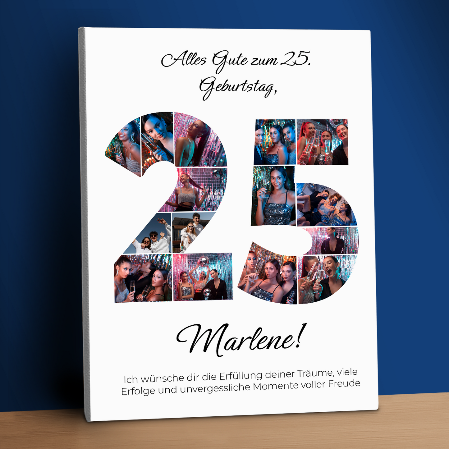 Collage + Glückwünsche zum 25. Geburtstag – personalisierter Leinwanddruck für eine Freundin