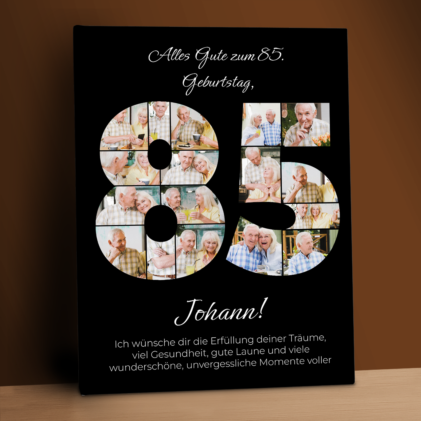 Geburtstagsgrüße zum 85. Geburtstag – Collage auf Leinwand für einen Mann