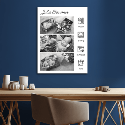 Schwarz-weiße Geburtsurkunde – Collage auf Leinwand für Kinder - Emmygift.de