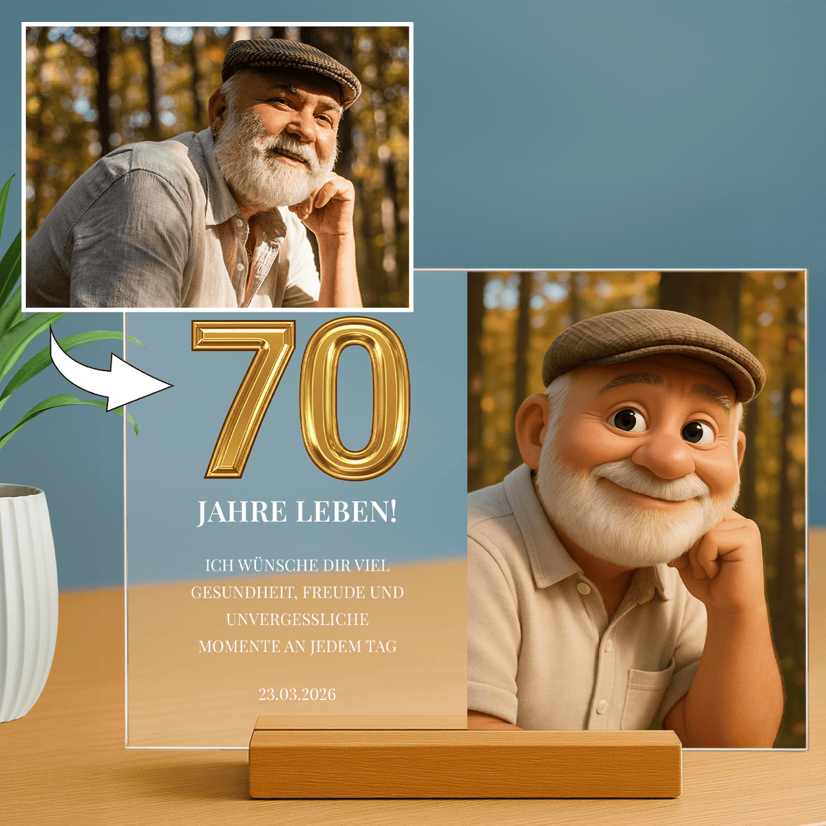 Sein 70. Geburtstag – personalisierter Glasdruck für Männer - Emmygift.de