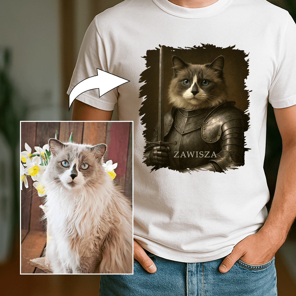 Tapferer Ritterkater – Herren-T-Shirt mit Aufdruck für Katzenliebhaber - Emmygift.de