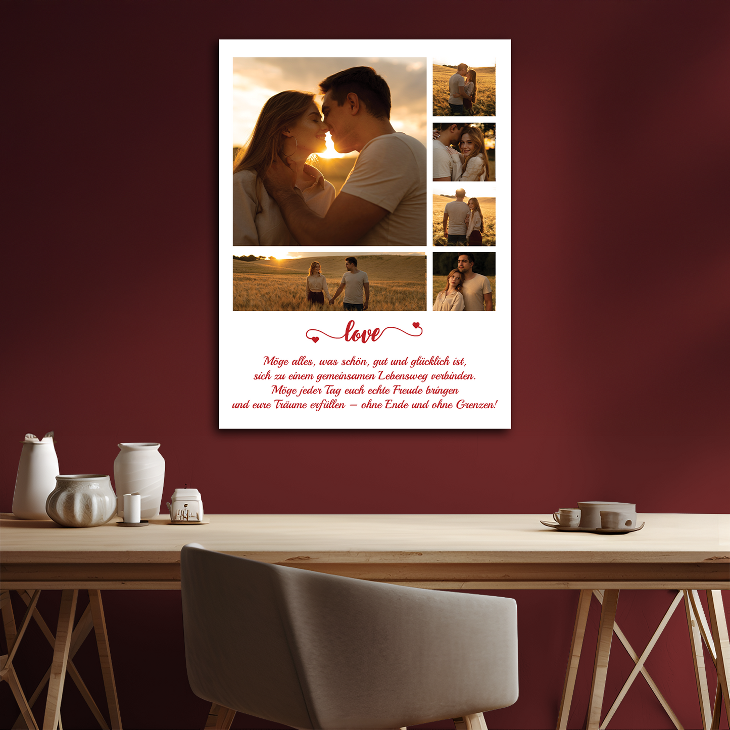 Collage aus 6 Fotos des Paares + Text – personalisierter Leinwanddruck für Paare