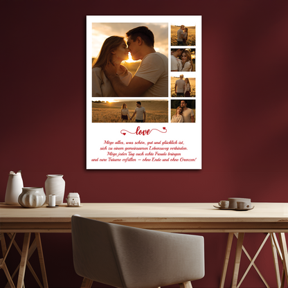 Collage aus 6 Fotos des Paares + Text – personalisierter Leinwanddruck für Paare