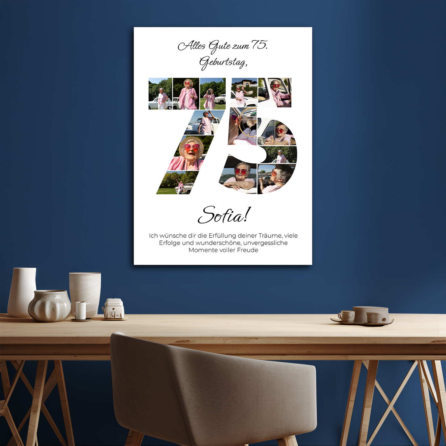 Herzliche Glückwünsche zum 75. Geburtstag – Collage auf Leinwand für eine Frau