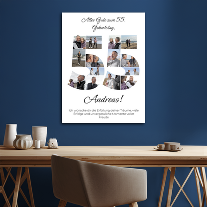 Glückwünsche zum 55. Geburtstag – Collage auf Leinwand für einen Mann