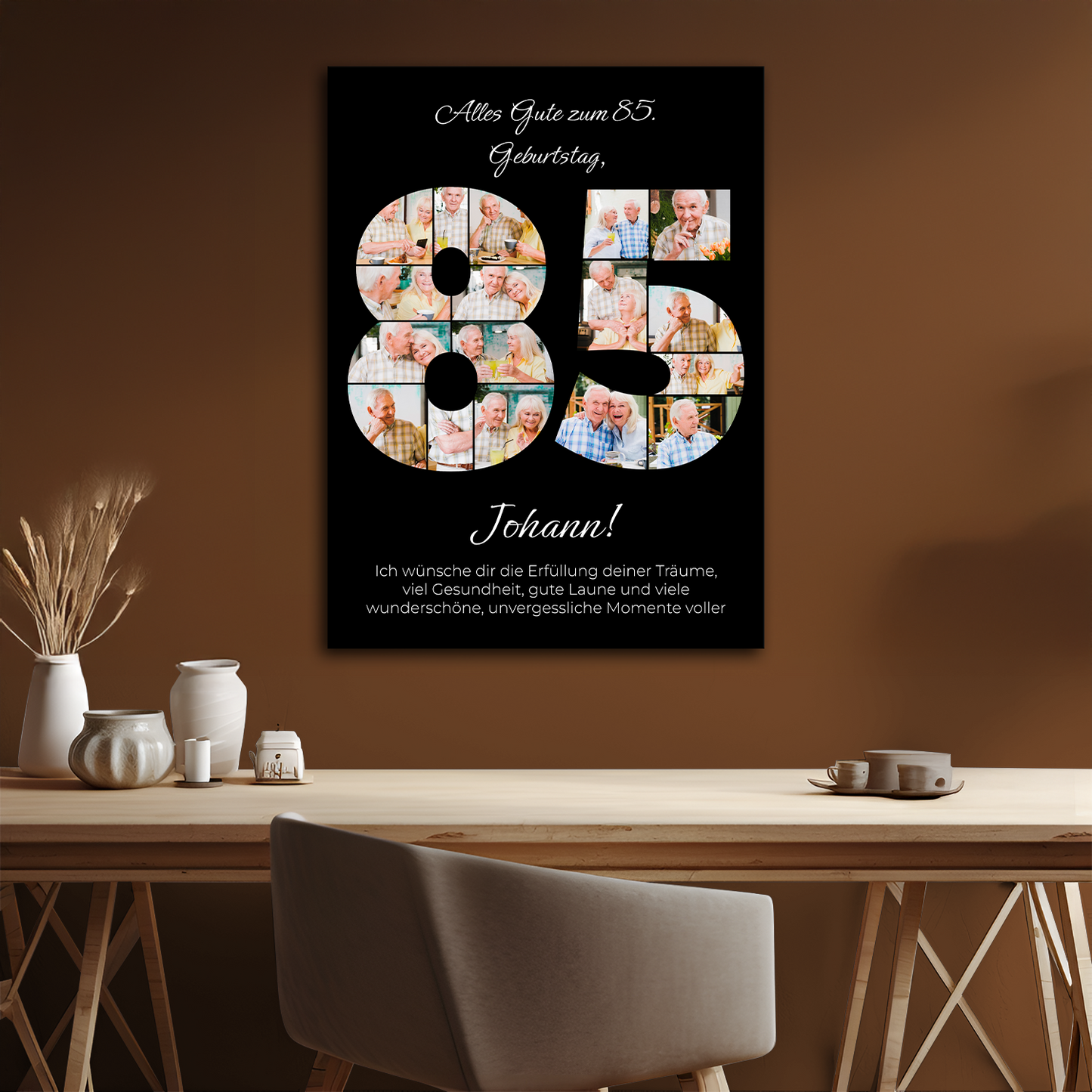 Geburtstagsgrüße zum 85. Geburtstag – Collage auf Leinwand für einen Mann