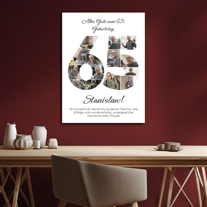 Glückwünsche zu seinem 65. Geburtstag – Collage auf Leinwand für einen Mann